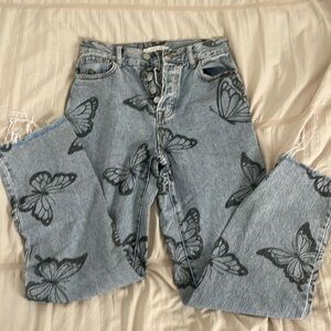 Pacsun Butterfly Print Jeans Dad Mom high waisted straight leg cut off